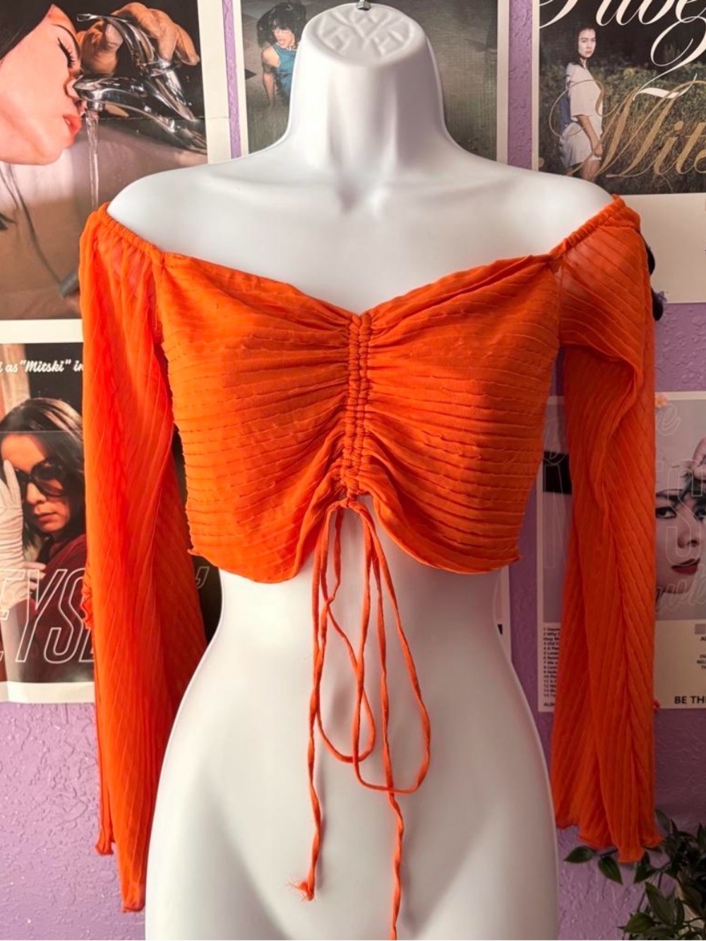 Zara Off-Shoulder Ruched Tie-Front Crop Top - Orange